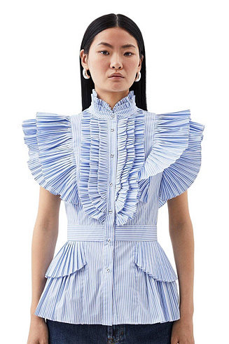 Women's Sleeveless Striped Pleated Ruffle Blouse | Macy's
