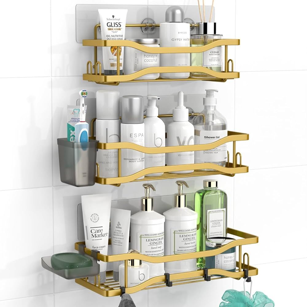 Shower Caddy Bathroom Organizer Shelf: Self Adhesive Shower Rack with Soap Shampoo Holder - Rustp... | Amazon (US)