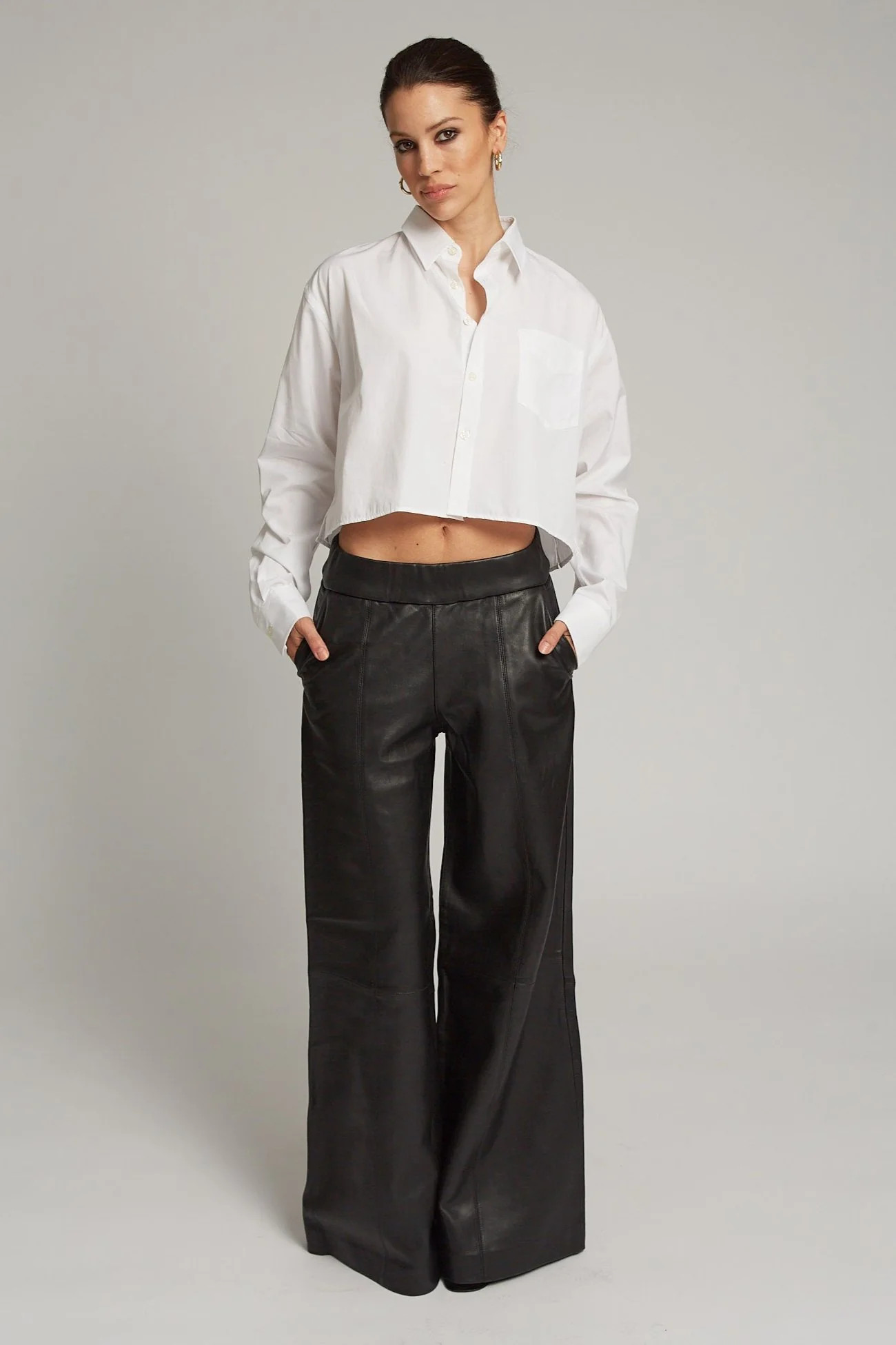 Black Leather Wide Leg Trousers | SPRWMN