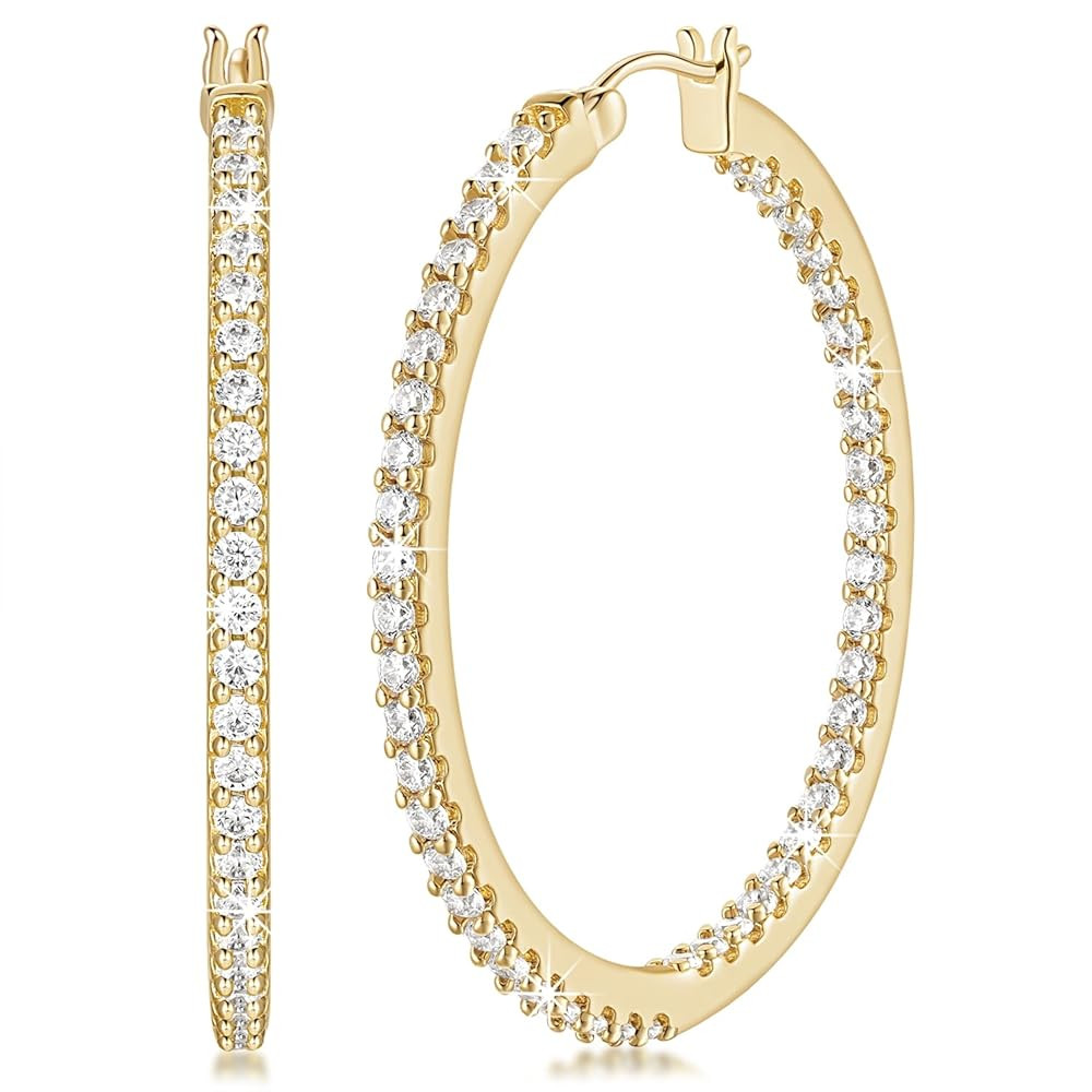 NICRET 14K Gold Hoop Earrings for Women Hoop Earrings Dual Diamond Hoops Earring Large Gold Hoops... | Amazon (US)