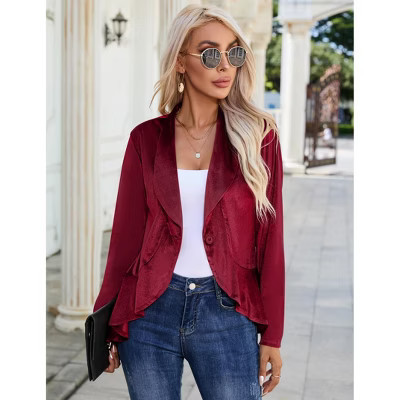 Womens Velvet Blazer Long Sleeve Suit Jackets Open Front Work Office Cardigan Coat Wine Red 2XL | Target