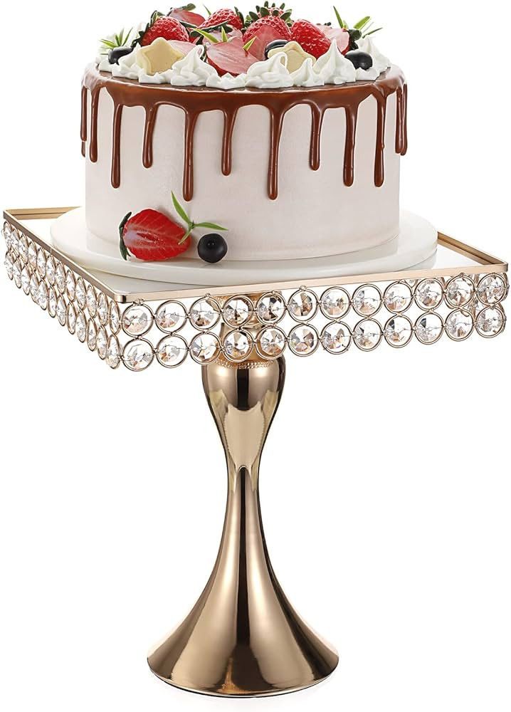 BSTKEY 10 Inch Square Wedding Metal Cake Display Stand with Mirror Top Plate, Gold Cupcake Stand ... | Amazon (US)
