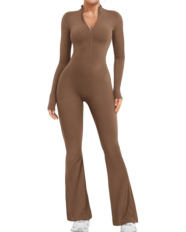 YEOREO Women Long Sleeve Flare Workout Jumpsuit Zip Up Romper Bottom Pants Wide Leg Bodysuit Body... | Amazon (US)