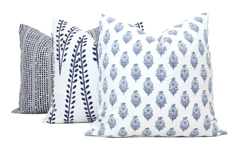 Blue Poppy Block Print Decorative Pillow Cover, 18x18, 20x20, 22x22, 24x24, 26x26,  lumbar pillow... | Etsy (US)
