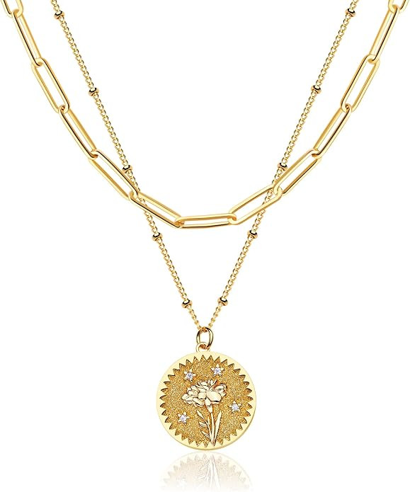 Valloey Rover Gold Layered Coin Necklace for Women Birth Flower Necklace 14K Gold Plated Dainty C... | Amazon (US)