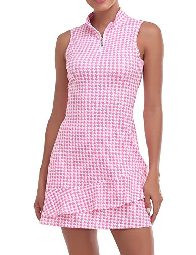 Viracy Tennis Dress for Women Golf Dresses Sleeveless Pink Dresses with Shorts, Pockets Zip Up Stretchy Lightweight for Workout, Hiking Plus Size Houndstooth | Amazon (US)