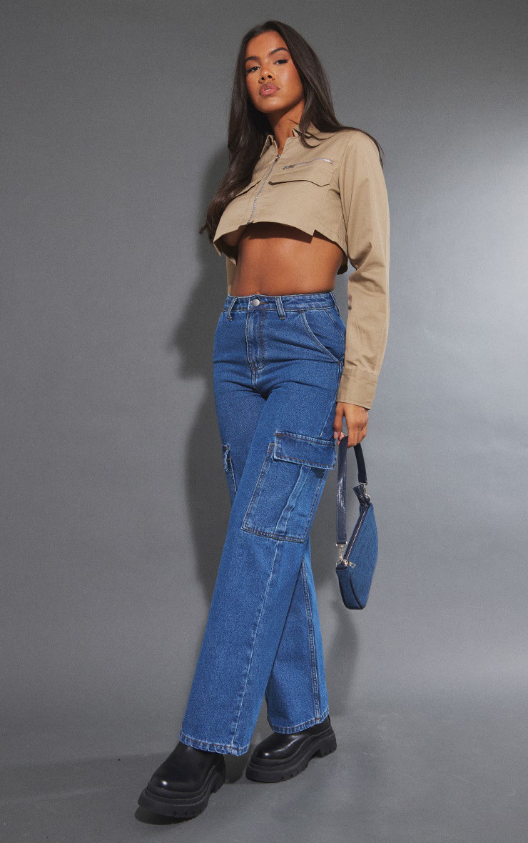 Mid Blue Wash Cargo Pocket Baggy Wide Leg Jeans | PrettyLittleThing US