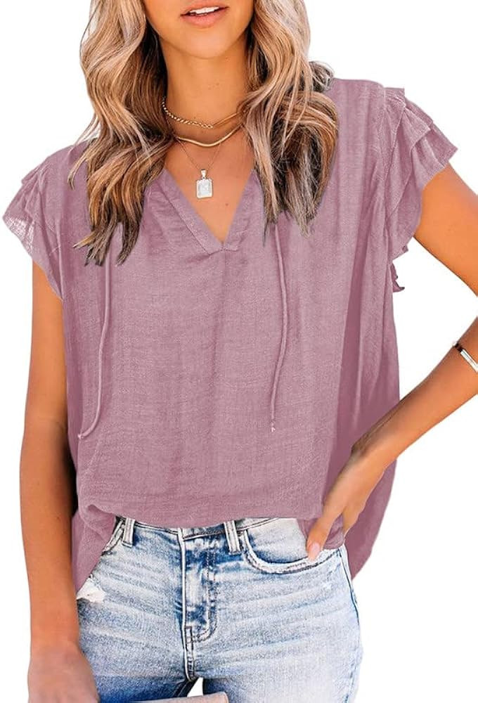 Dokotoo Women's Casual V Neck Tops Drawstring Short Sleeve T Shirt Blouses | Amazon (US)