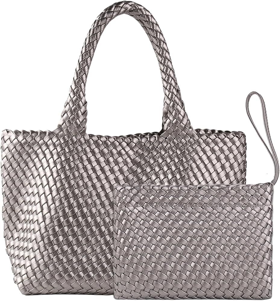 Woven Tote Bag for Women, Vegan Leather Handwoven Bags with Small Handmade Purse, Large Travel Br... | Amazon (US)