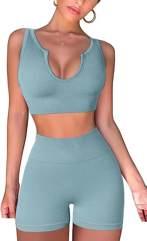 FAFOFA Seamless Workout Sets for Women Ribbed Sport Bra High Waist Running Shorts Gym 2 Piece Yog... | Amazon (US)