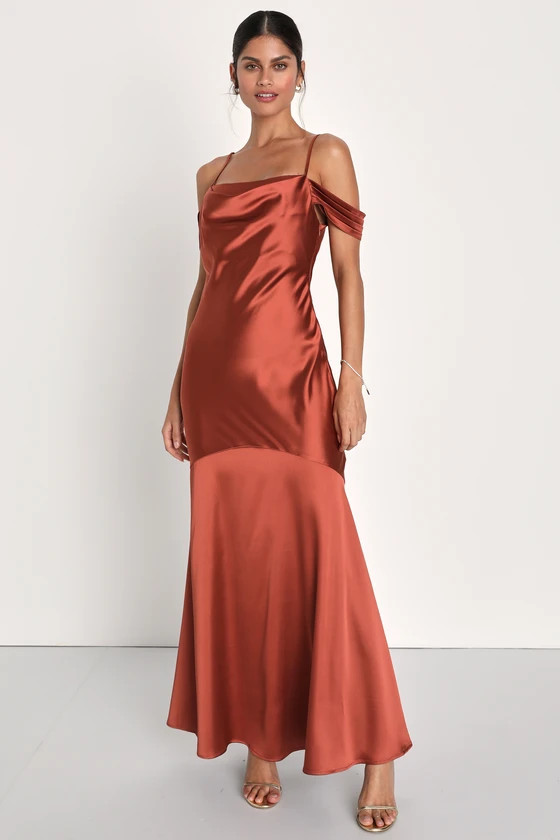 Regal Essence Rust Satin Cowl Neck Cold-Shoulder Maxi Dress | Lulus (US)