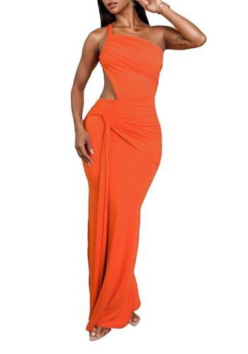 DINGANG Women's One Shoulder Bodycon Maxi Dresses Sleeveless Cutout Ruched Backless Long Cocktail Dress Orange | Amazon (US)