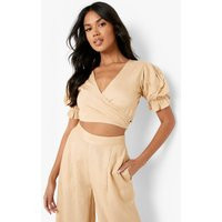 Womens Linen Look Wrap Crop Top - Beige - 12 | boohoo (US & Canada)