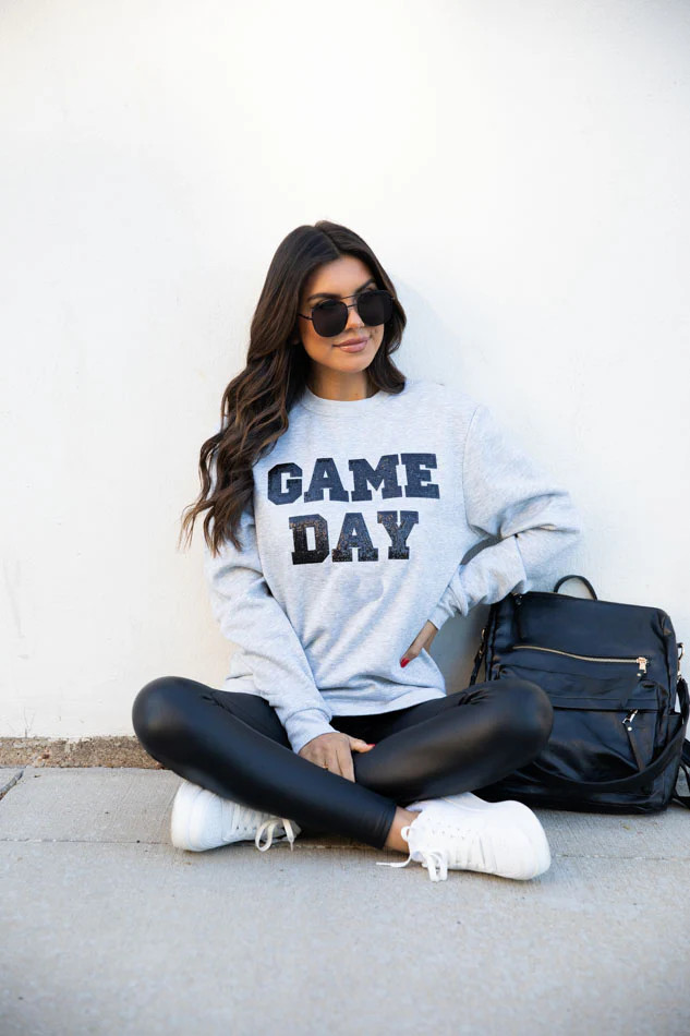 Gameday Chenille Sequins Grey Graphic Sweatshirt | Pink Lily
