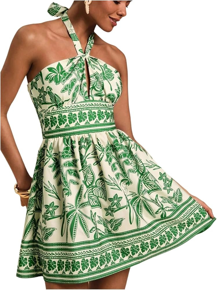 Floerns Women's Floral Print Sleeveless Halter Neck Tie Back Summer A Line Dress | Amazon (US)