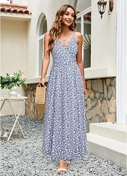 Newshows Women Summer 2025 Maxi Dress Vacation Floral Spaghetti Strap Spring Casual Boho Split Be... | Amazon (US)