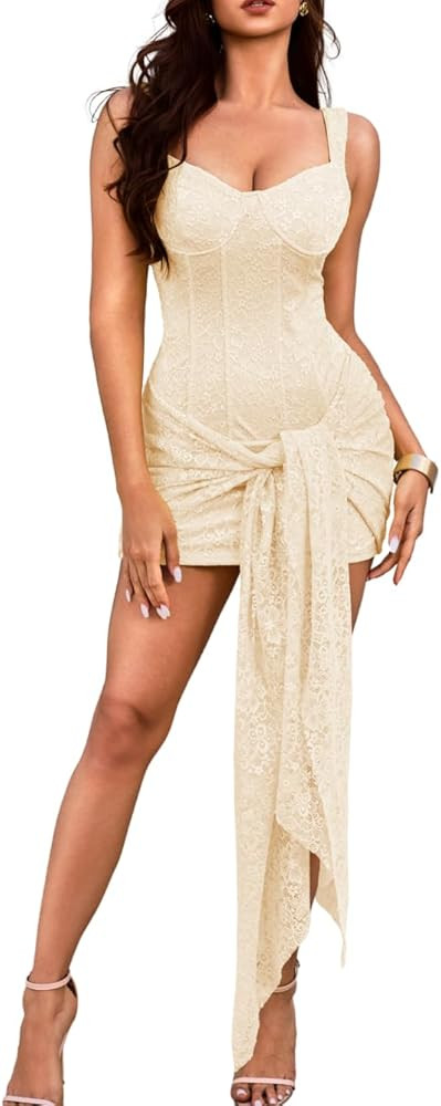 ChiaoLezhee Sexy Lace Corset Dress for Women - Bodycon Mini Dresses with Tie-Waist for Club, Birt... | Amazon (US)