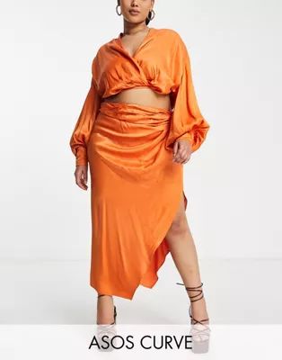 ASOS EDITION Curve satin knot front midi skirt with split in spicy orange | ASOS | ASOS (Global)