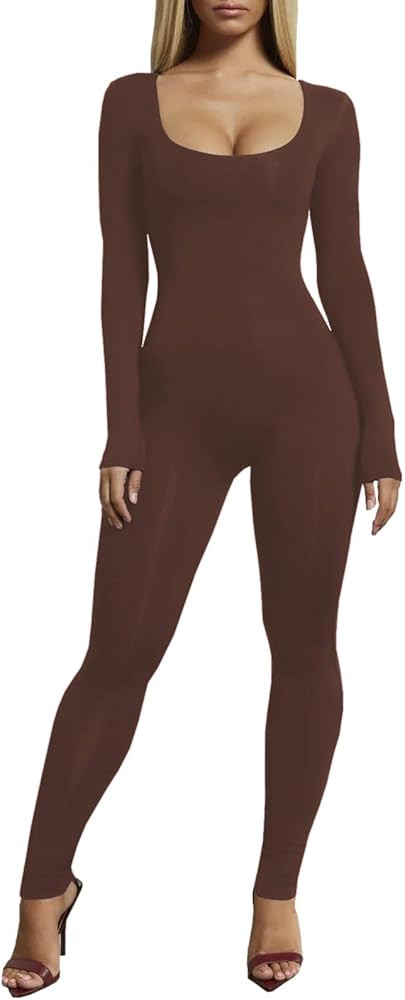 VWIWV Women's Sexy Long Sleeve Scoop Neck High Waist Bodycon Jumpsuits Solid Color One Piece Outf... | Amazon (US)