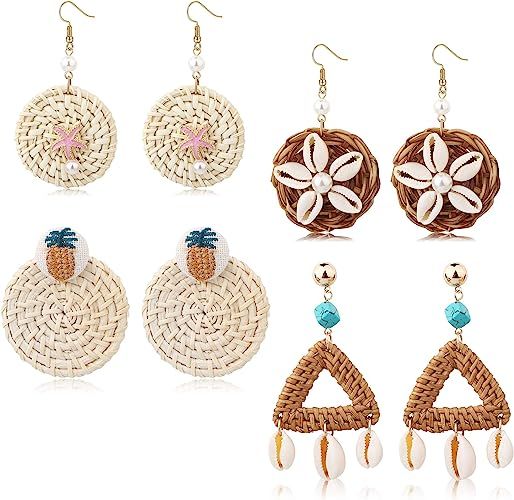 LOYALLOOK 4Pairs Rattan Dangle Earrings Bohemian Straw Earring Shell Statement Earring Handmade W... | Amazon (US)