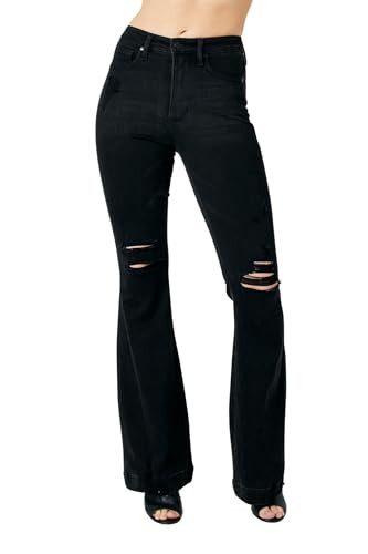 Judy Blue Women's High-Rise Tummy Control Destroy Black Flare Jeans 88622 (US, Numeric, 11, Regular, Regular, Black) | Amazon (US)