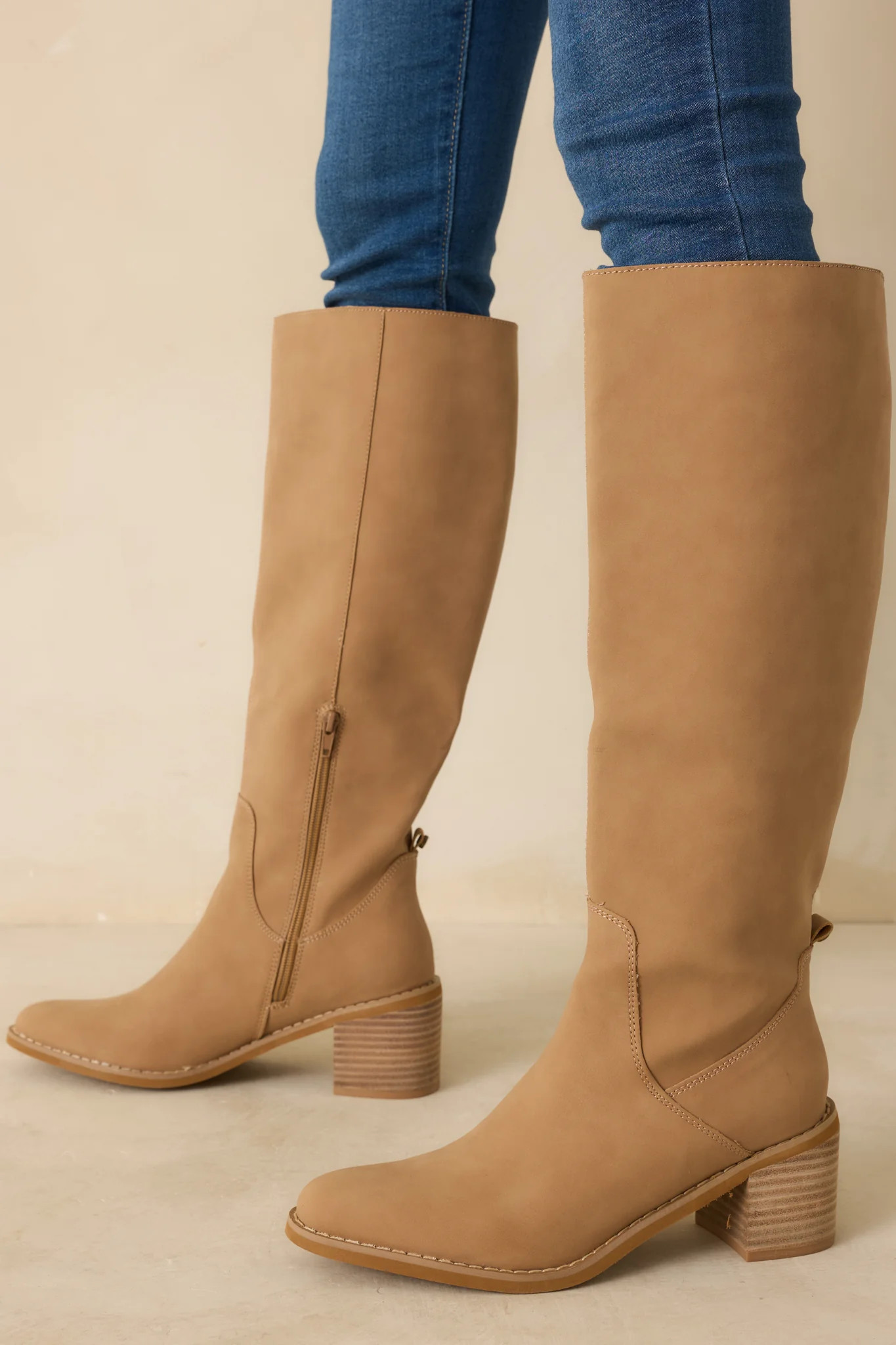For Good Reason Camel Pointed Toe Knee High Boots | Red Dress