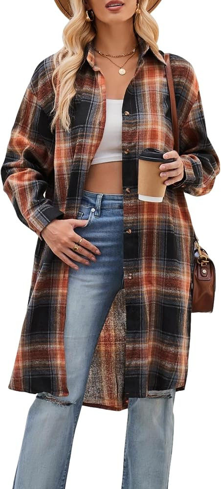 Womens Casual Long Flannel Plaid Shirts Fall Fashion Long Sleeve Boyfriend Coats Jackets with Poc... | Amazon (US)