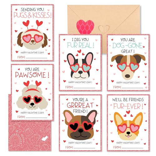VAINECHAY Valentines Cards for Kids Classroom - 48 Pack Dogs Valentines Day Class Exchange Cards with Envelopes & Heart Stickers, 4.7 * 3.6 inch | Amazon (US)