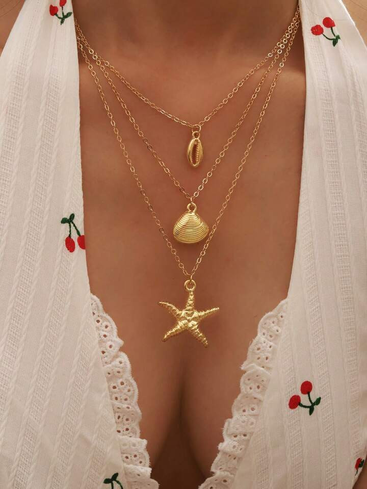 3pcs Beach Resort Ocean Style Resin Starfish Shell Combination Necklace For Women, Suitable For Everyday, Gift, Vacation, Fashion Accessories | SHEIN