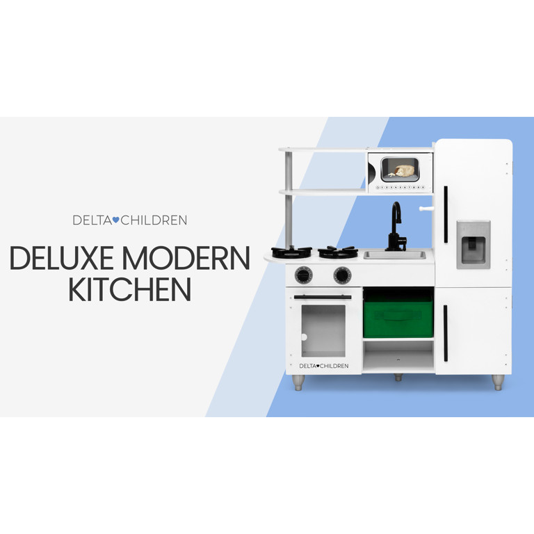 Delta Children Deluxe Modern Kitchen - Wooden Toy Kitchen Playset with Realistic Knobs that Turn/... | Walmart (US)