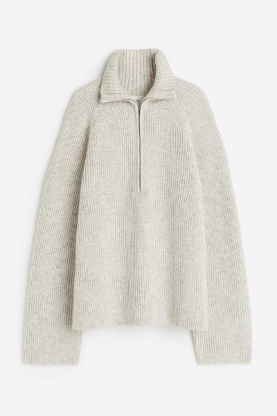 Zip-top rib-knit jumper - Light beige marl - Ladies | H&M GB | H&M (UK, MY, IN, SG, PH, TW, HK)