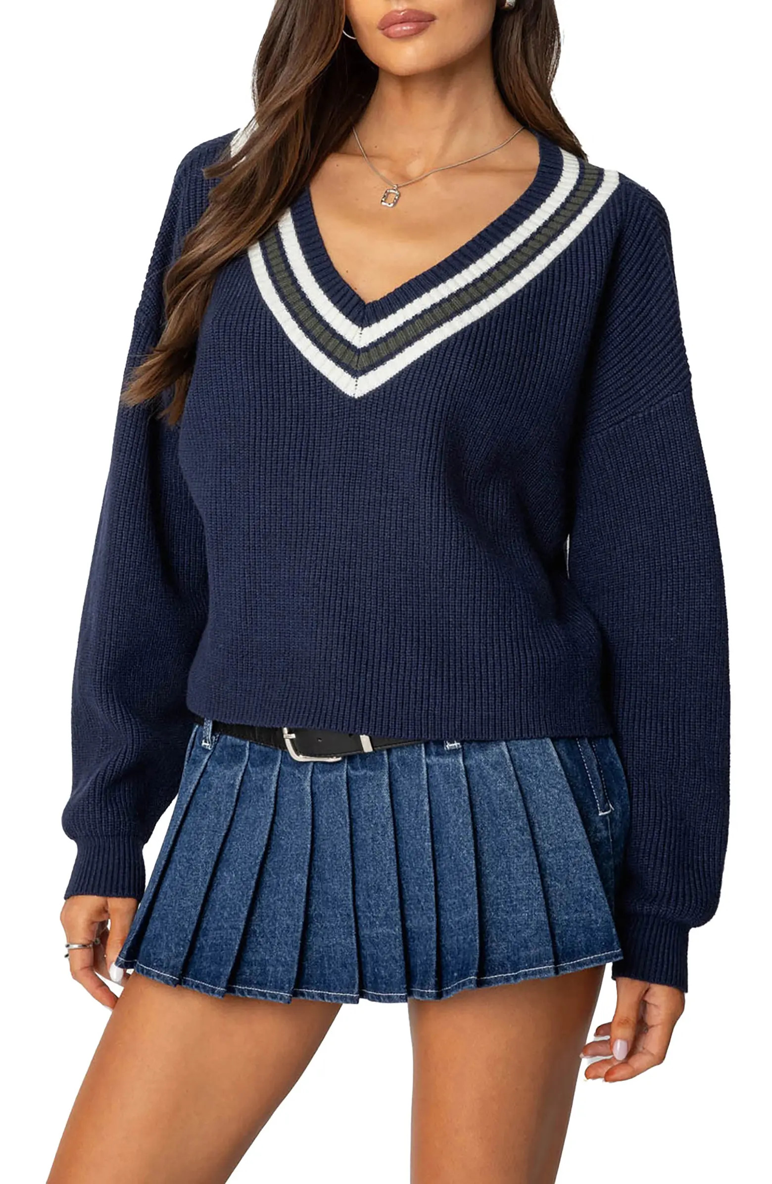 EDIKTED Lauryl Stripe Trim V-Neck Sweater | Nordstrom | Nordstrom