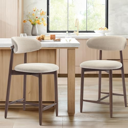 COLAMY Counter Height Bar Stools Set of 2, Kitchen Bar Stools with Back, Mid Century Modern Upholstered, with Wood Legs for Kitchen Island Dining Room, Beige | Amazon (US)