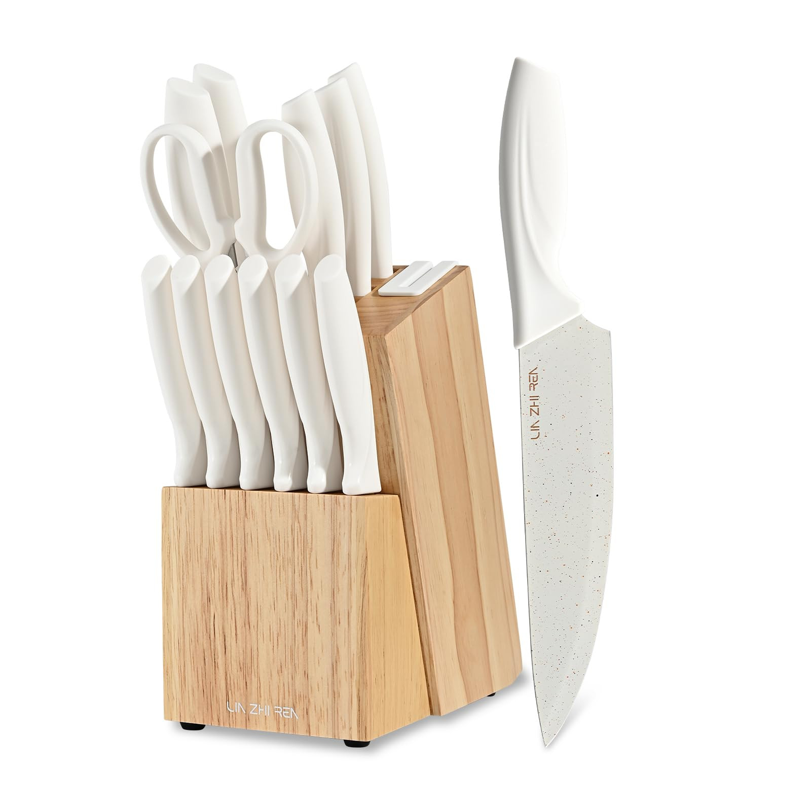 15 Piece Knife Set，Kitchen Knife Block Set，White stainless steel knife set with sharpener for... | Amazon (US)