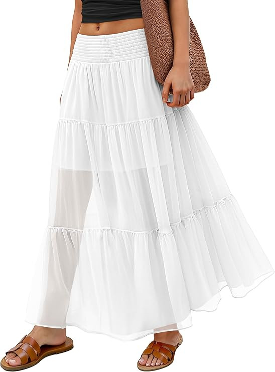 ANRABESS Maxi Skirts for Women Chiffon Elastic High Waisted 2026 Summer Boho Casual Flowy Pleated... | Amazon (US)