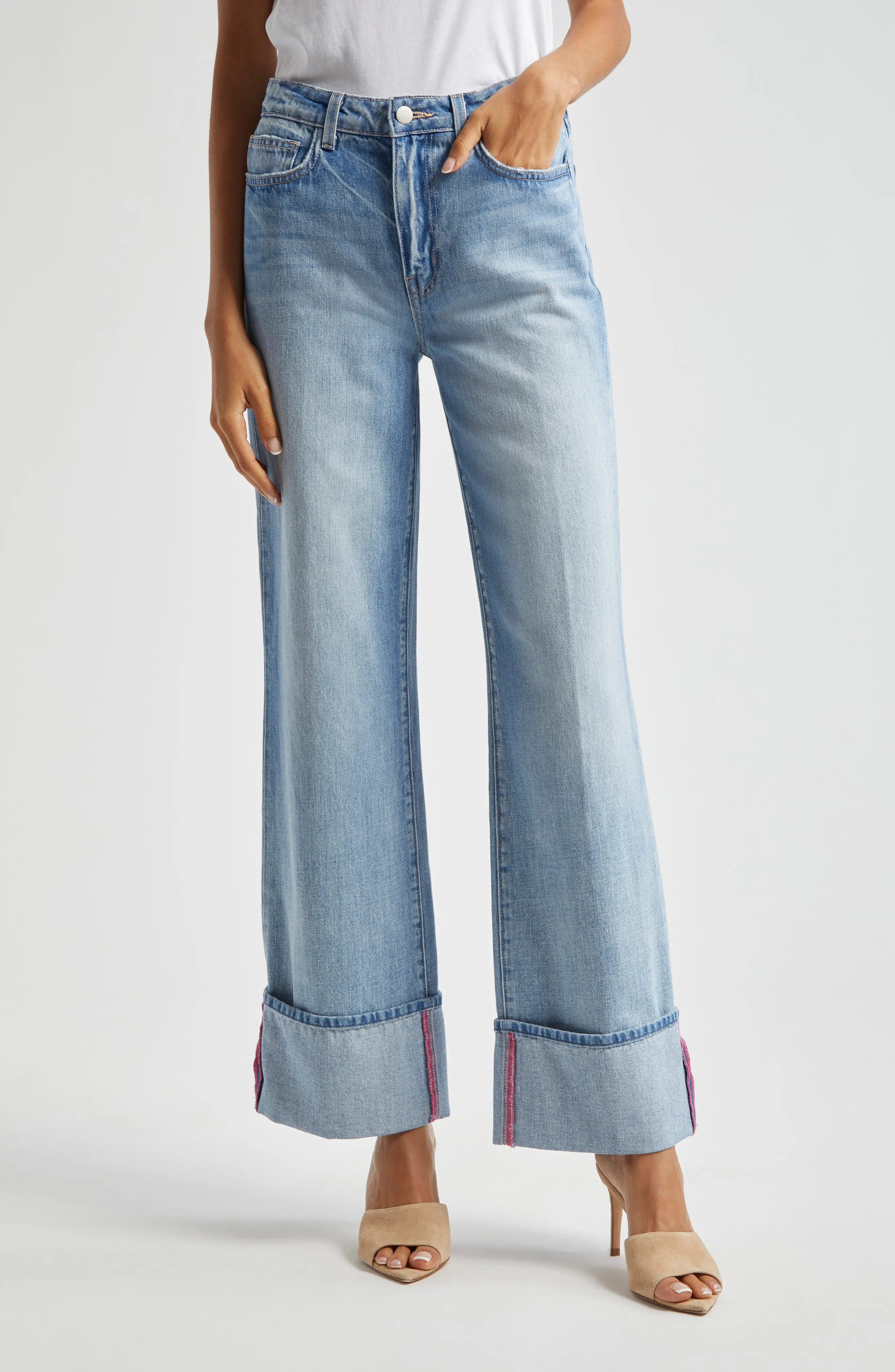 L'AGENCE Miley High Waist Cuff Wide Leg Jeans in Lampson at Nordstrom Rack, Size 26 | Nordstrom Rack