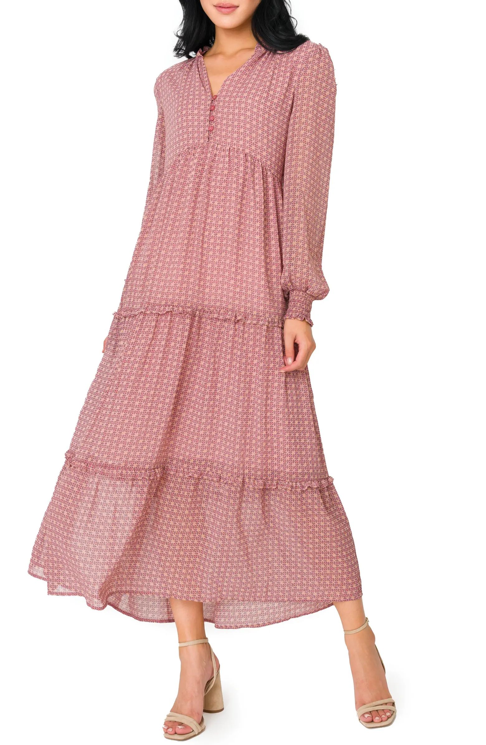 Print Long Sleeve Tiered Chiffon Dress | Nordstrom