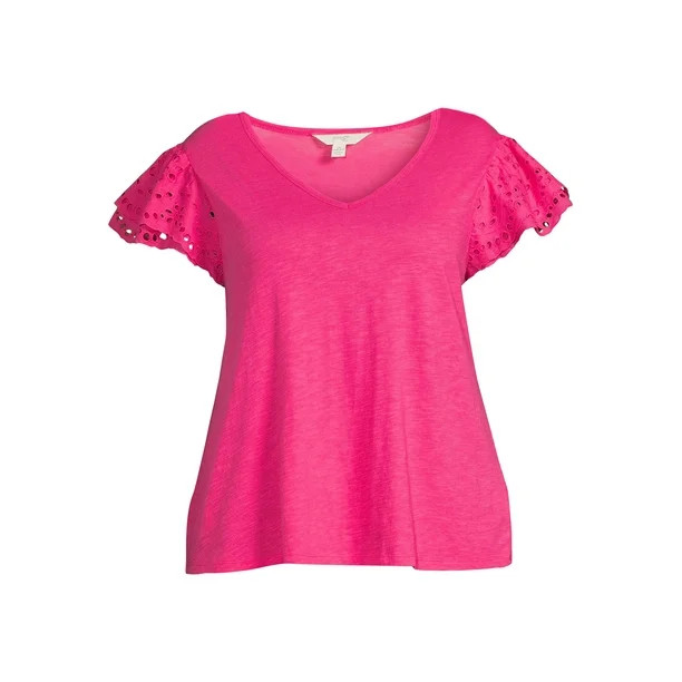Terra & Sky Women's Plus Size Slub Knit Eyelet Sleeve Top - Walmart.com | Walmart (US)