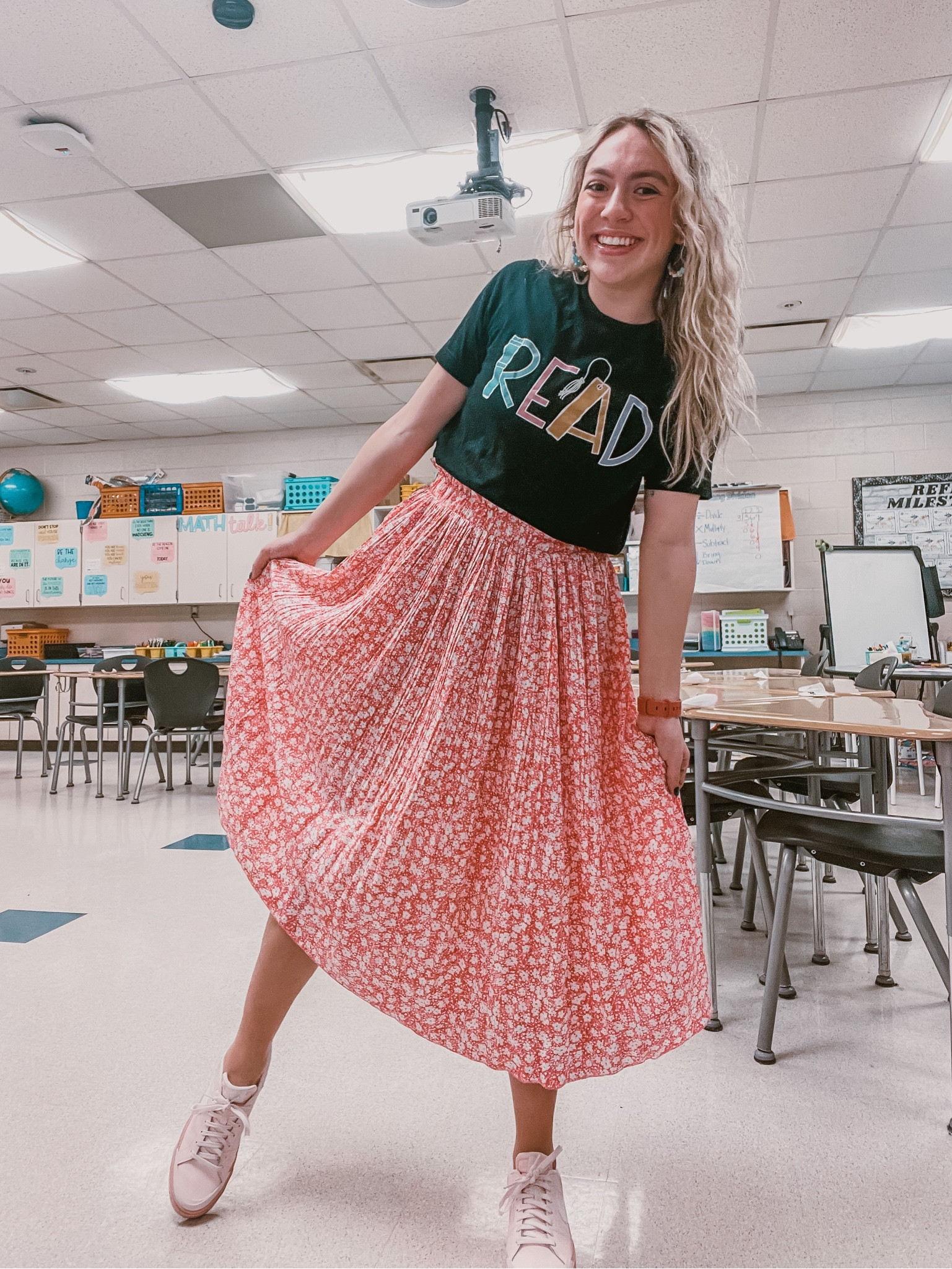 Spring outfit, teacher outfit, work outfit, spring work outfit, spring teacher outfit, teacher style, teacher fashion, workwear, Amazon maxi skirt, teacher t-shirt, Nike shoes 

#LTKunder100 #LTKSeasonal #LTKworkwear