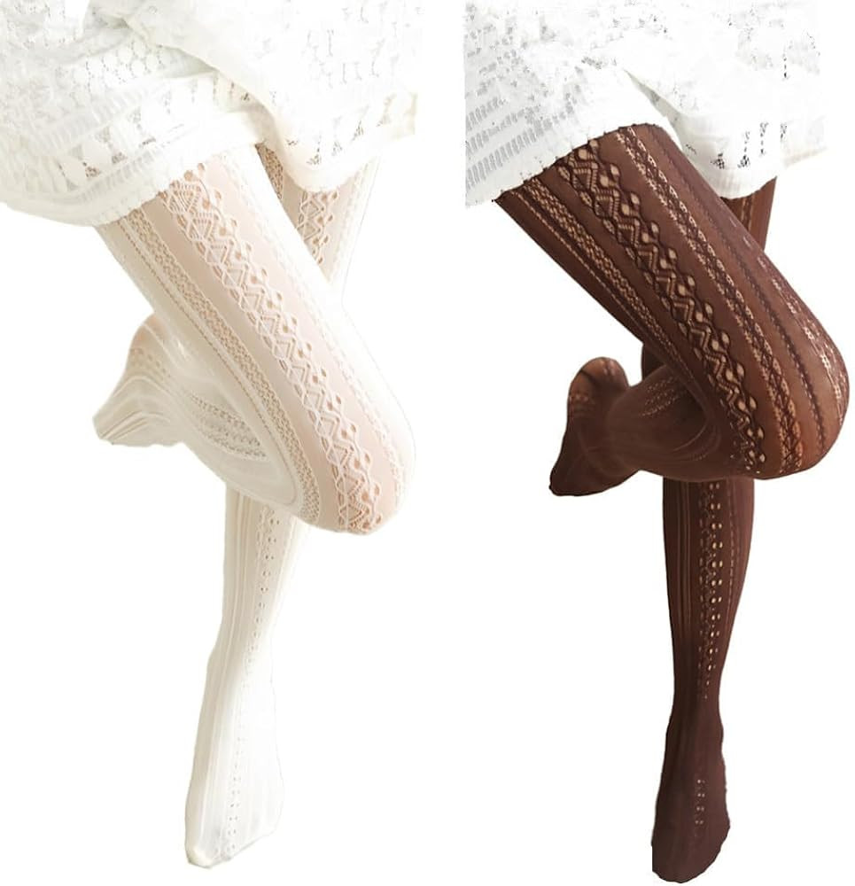 SurBepo 2 Pairs Pantyhose for Women Fishnet Hollow Out Knitted Tights Patterned Lace Vertical Str... | Amazon (US)