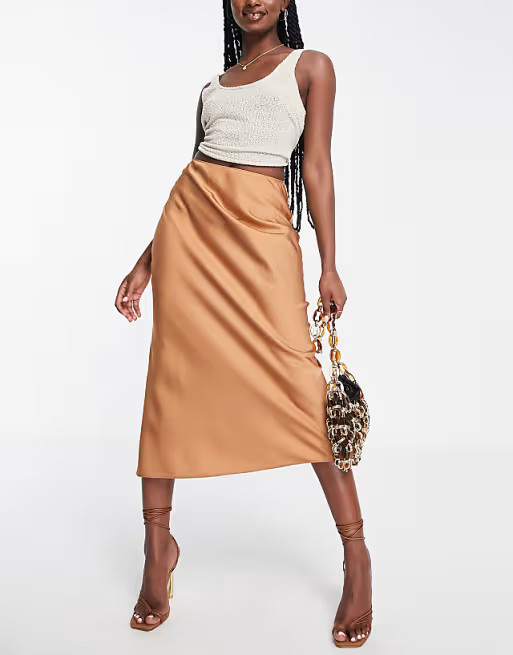 ASOS DESIGN satin bias midi slip skirt in tan | ASOS | ASOS (Global)