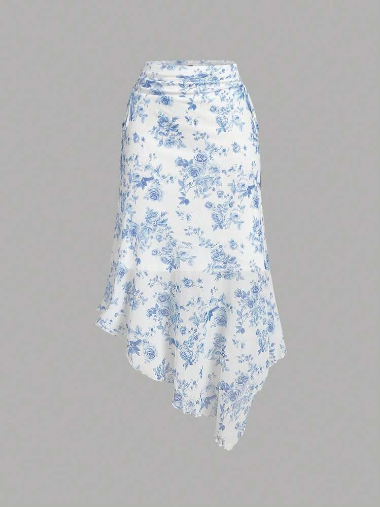 SHEIN MOD Women's Blue & White Print Ruched Waist Side Tie Asymmetrical Hem A-Line Skirt,Cruise,Hawaii,Blue And White Floral Skirt, Tea Party,Summer | SHEIN
