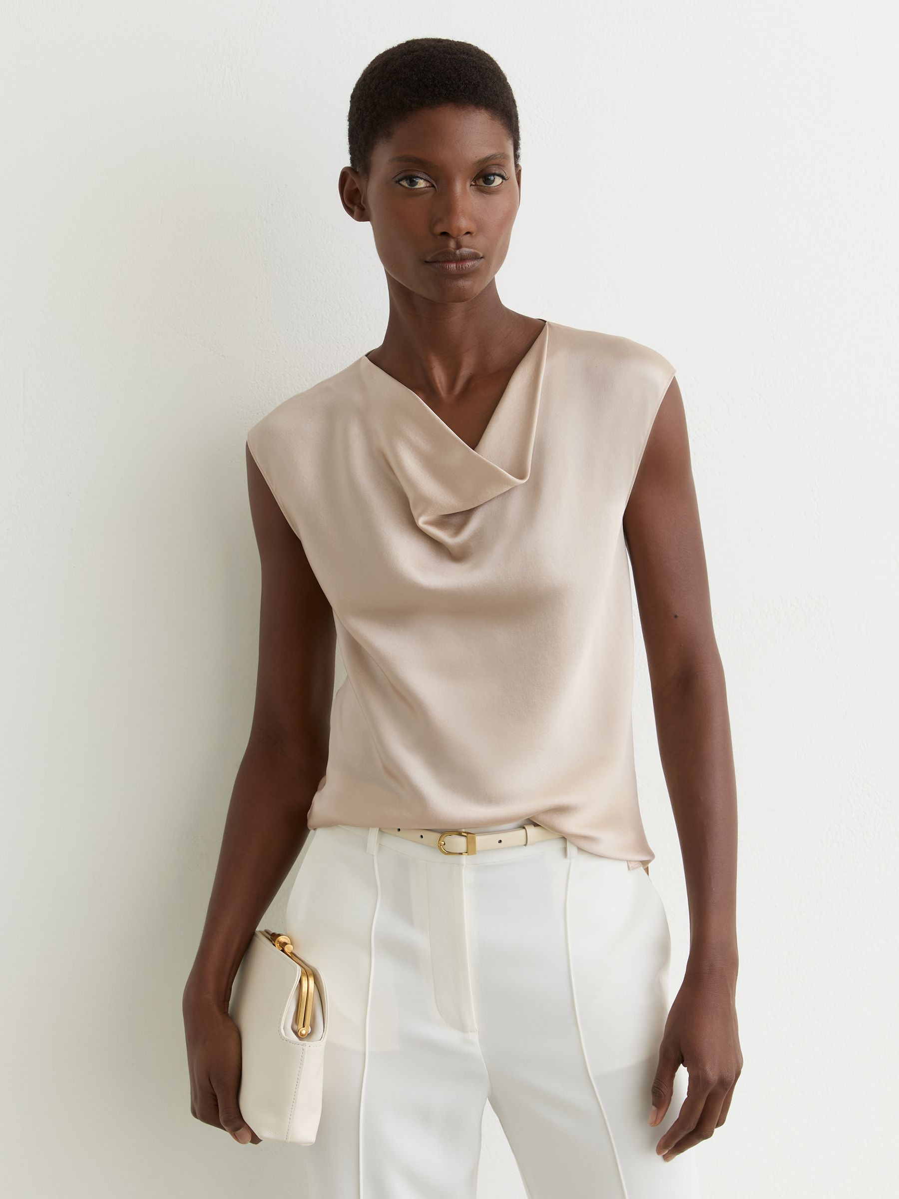 Silk Cowl-Neck Sleeveless Top in Champagne Neutral | Reiss UK