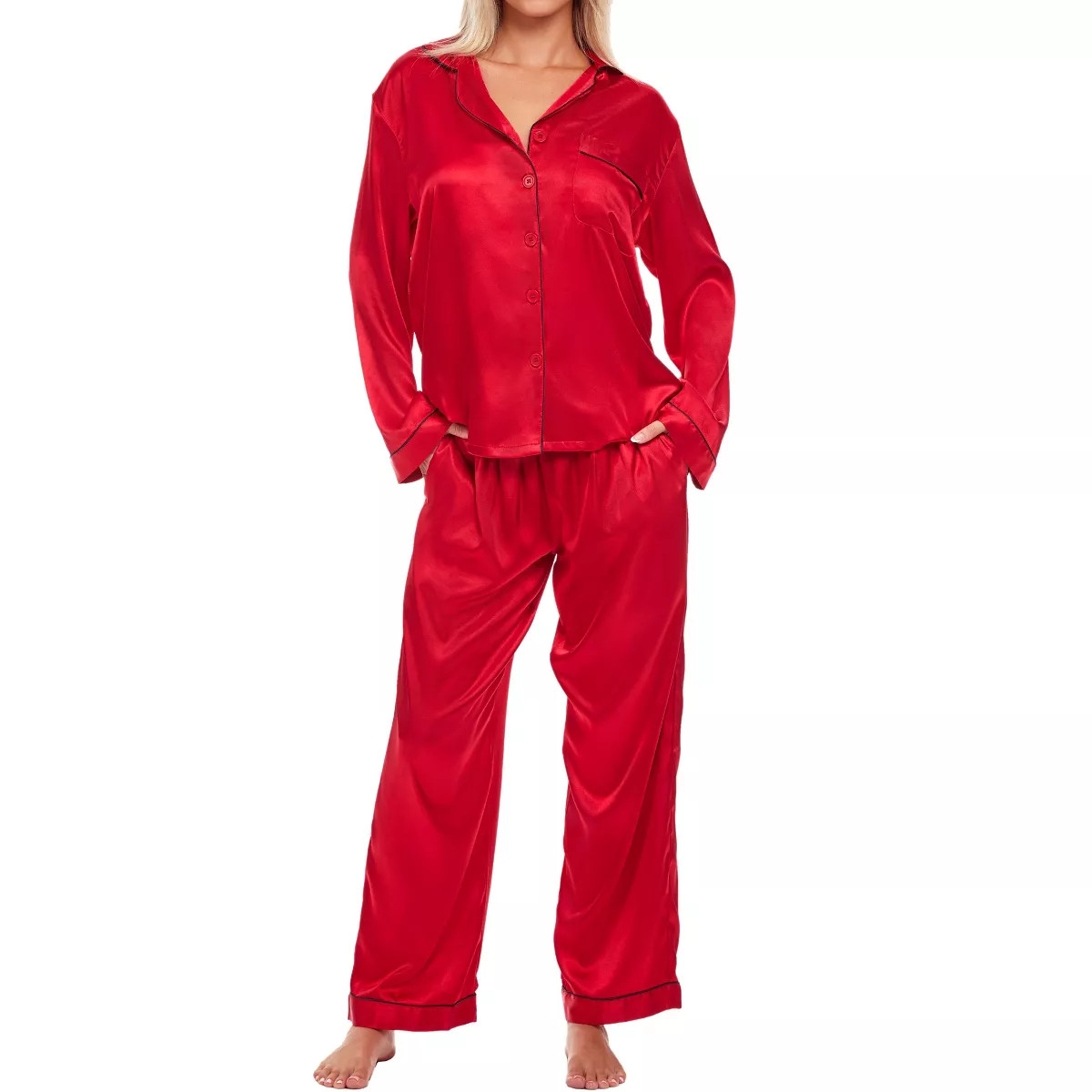 Women's Classic Satin Pajamas Lounge Set, Long Sleeve Top and Pants with Pockets, Silk like PJs w... | Target