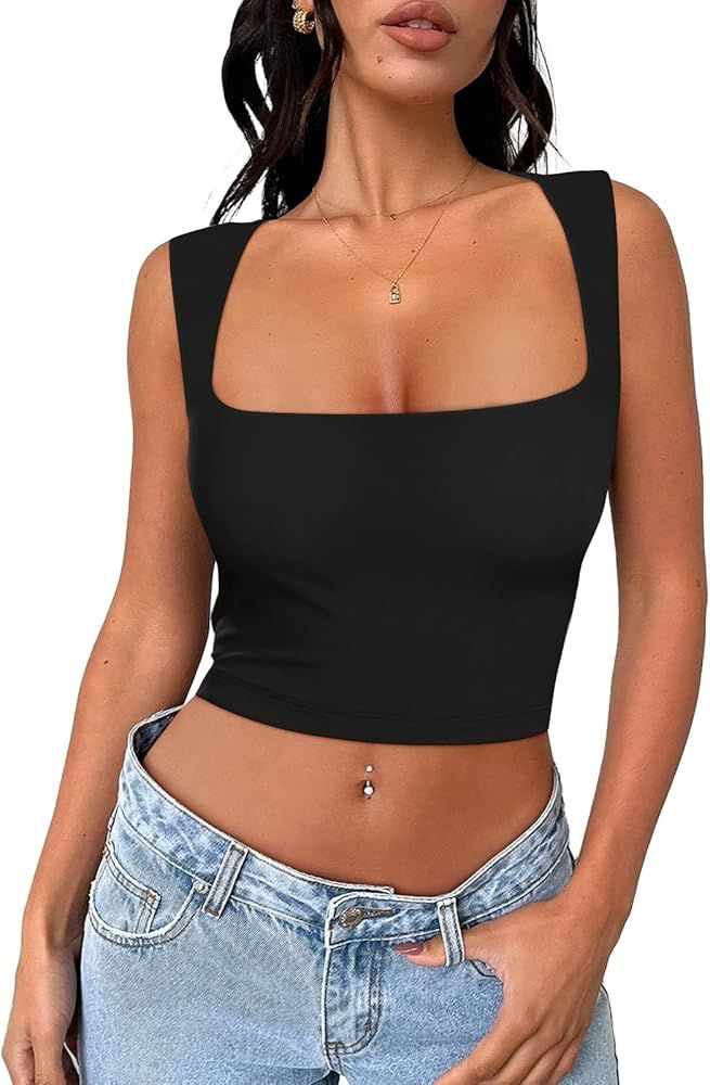 EFAN Womens Going Out Tank Crop Tops Summer Fashion Outfits Sleeveless Basic Seamless Square Neck... | Amazon (US)