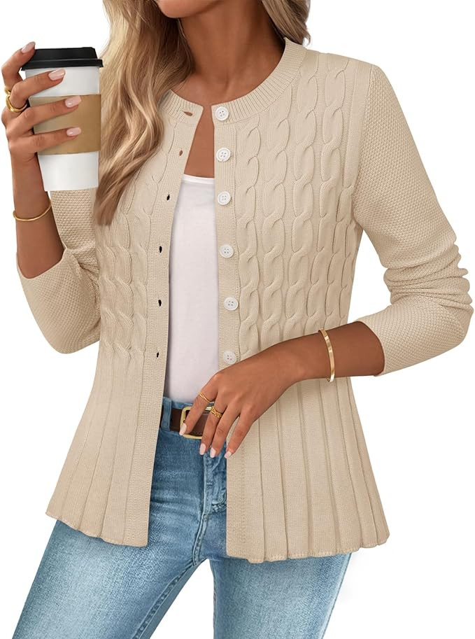 MEROKEETY Women's Cable Knit Peplum Cardigan Sweaters 2025 Trendy Fall Open Front Button Down Sof... | Amazon (US)