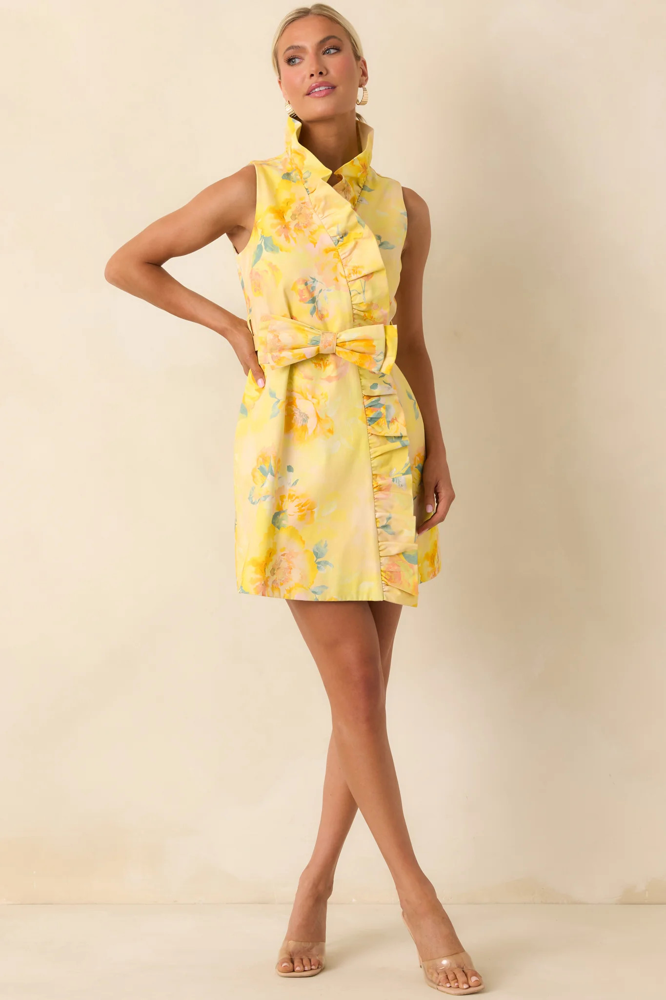 Prosperina Lilly Butter Yellow Multi Floral Silky Ruffle Mini Dress | Red Dress