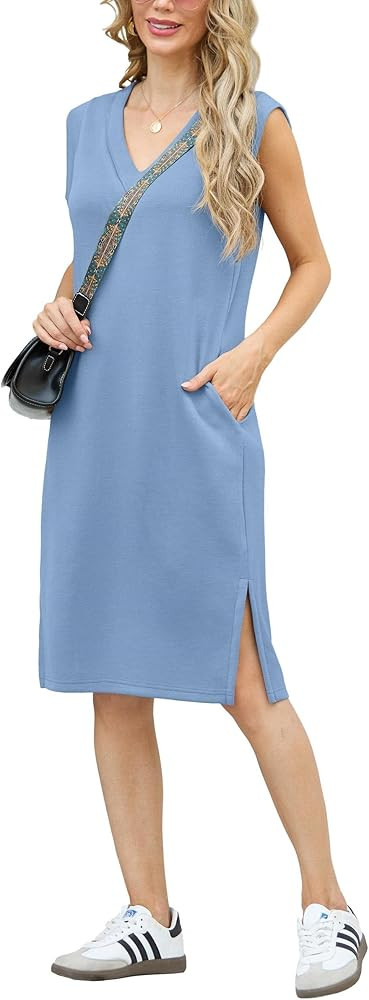 GRECERELLE 2025 Women Summer V-Neck Casual Loose Split Wrinkle-Free Midi Dress with Pockets | Amazon (US)
