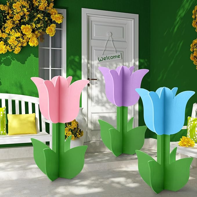 3 Pcs Spring Outdoor Tulip Decorations 3D Large Easter Wooden Tulip Yard Signs Rustic Flower Porc... | Amazon (US)