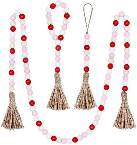BlueMake 3 Pack Valentine's Day Wood Bead Garland with Tassel,Rustic Wooden Bead Decor Farmhouse ... | Amazon (US)